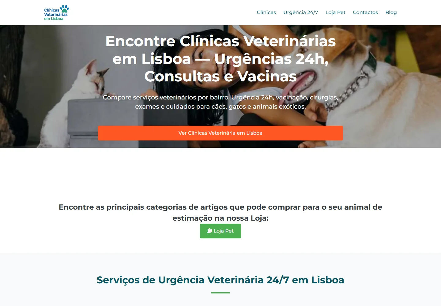 Screenshot do diretório Clínicas Veterinárias em Lisboa numa moldura de browser.