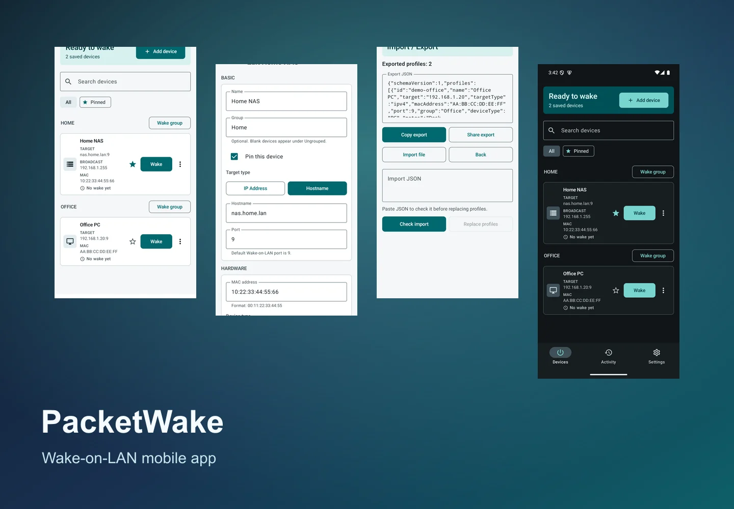 Screenshots mobile da aplicação PacketWake com perfis, editor e modo escuro.